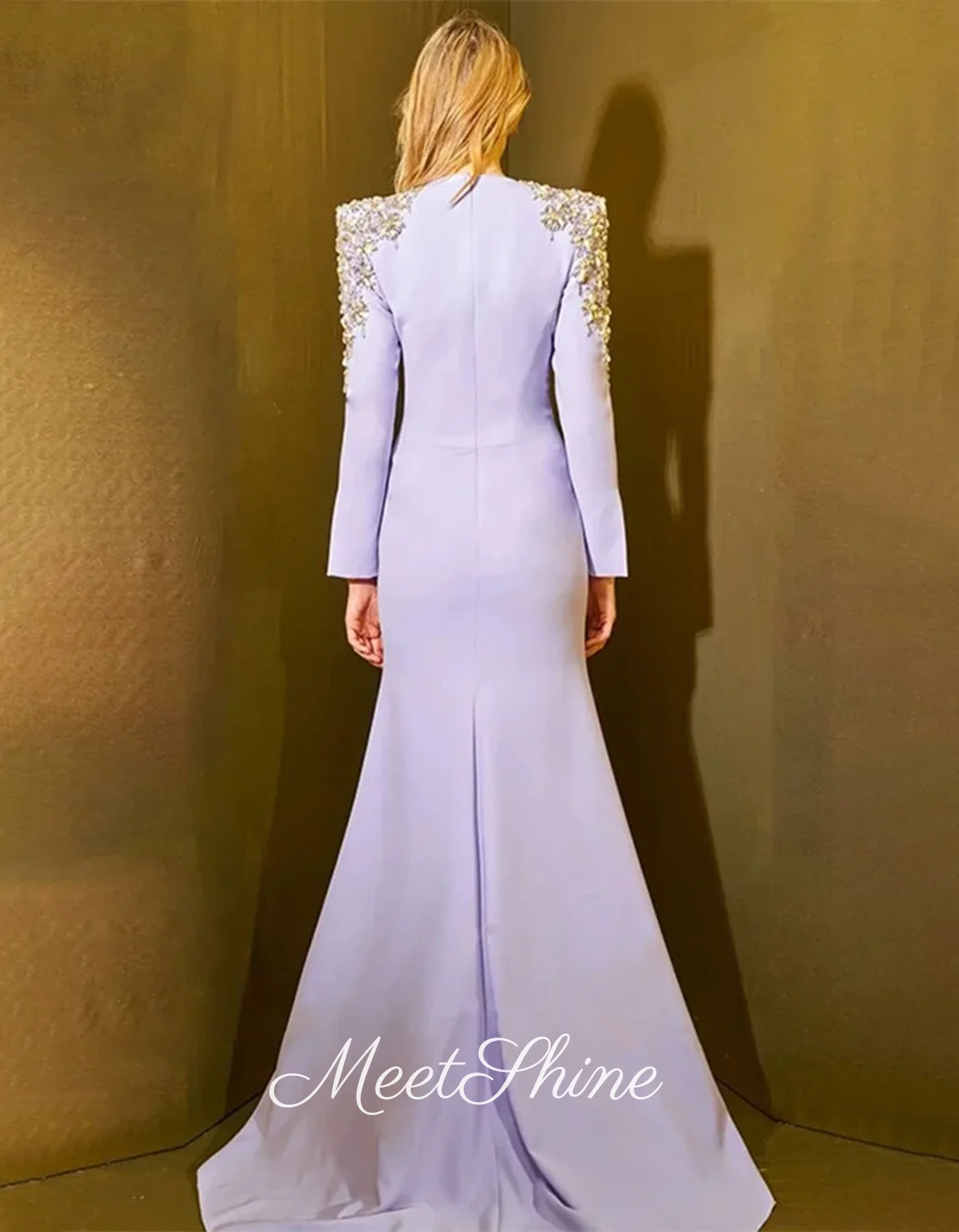 Vestido de fiesta de satén con cuello en V, moderno, morado, manga larga, cristales con cuentas de Dubái, vestido de noche de sirena, vestido de fiesta Formal personalizado