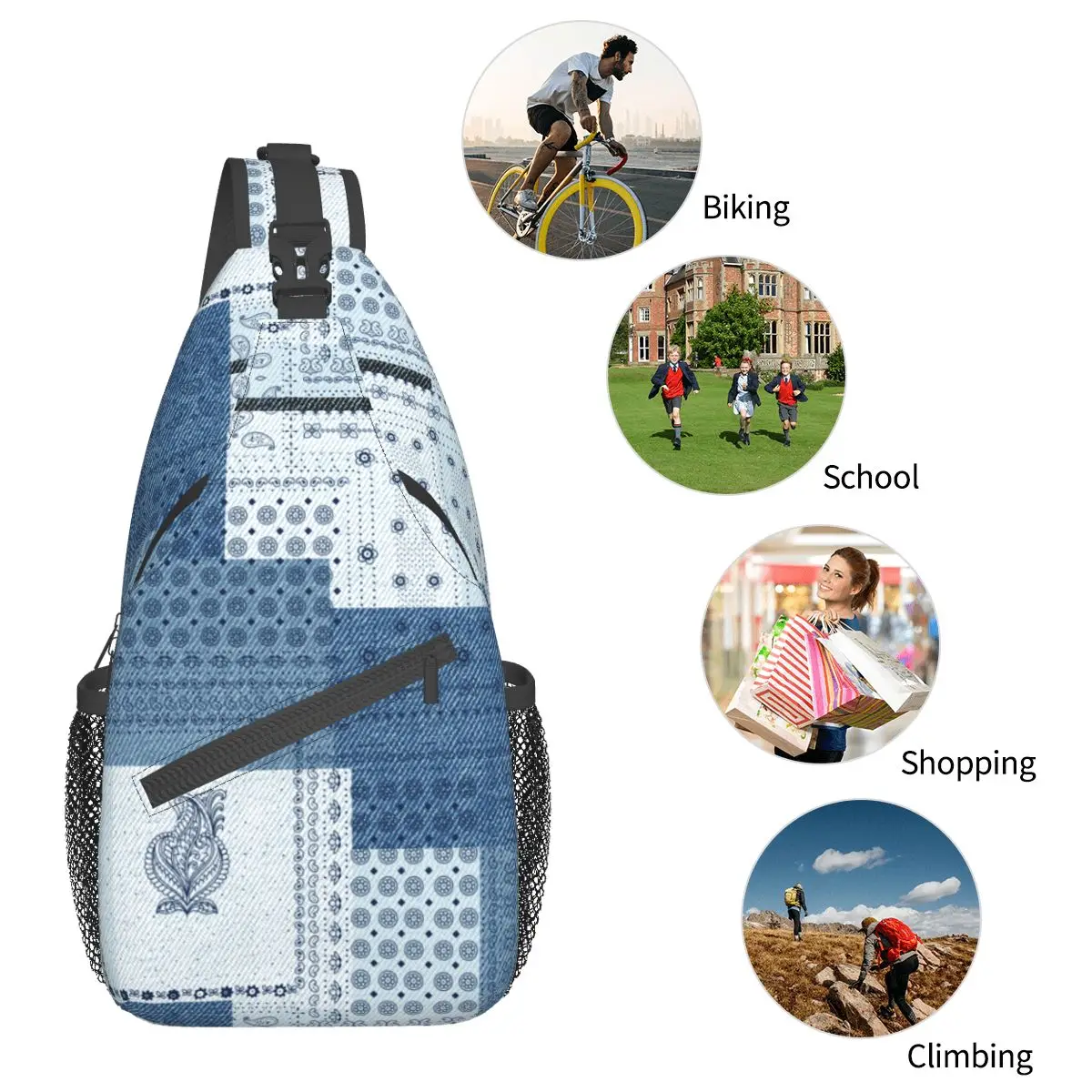 Denim Patchwork Paisley Sling Bags Chest Crossbody Shoulder Sling Backpack Outdoor Hiking Daypacks Pattern Bag