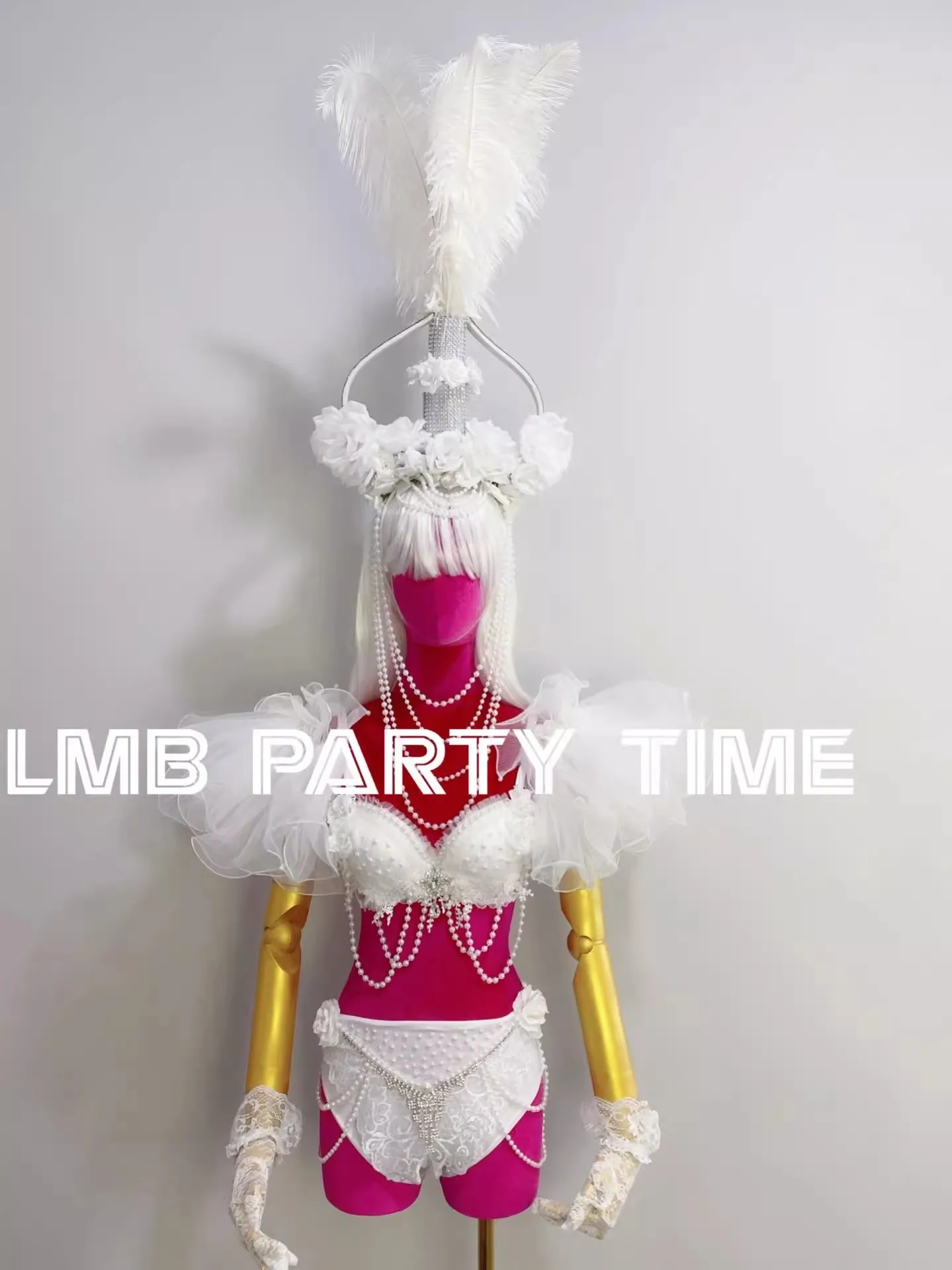 

Белый сетчатый жакет с рукавами-фонариками + блестящий жемчужный бикини, сексуальный комплект для танцевальных команд, вечеринок, выпускных, выступлений в барах и гоу-гоу