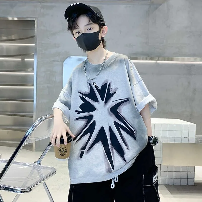 

2025 Boys Cotton T-shirt High Quality Kids Clothes Summer Blue Short Sleeve Tees Breathable and colorfast Childrens Tops 7-13Y