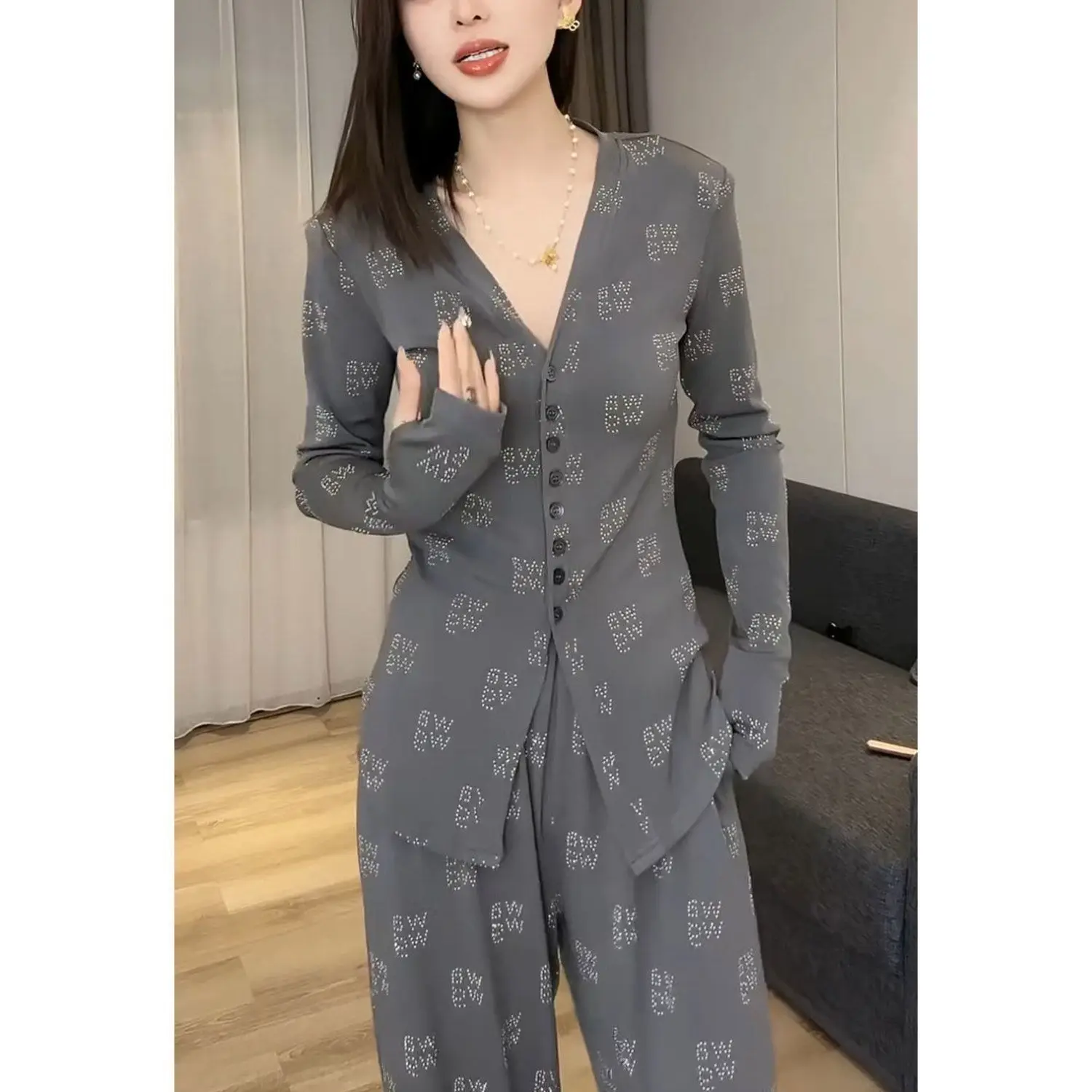 2024 Spring New Fashion Large Size Slimming Full Sky Star Hot Diamond Top Wide Leg Long Pants Casual Two Piece Set for Women