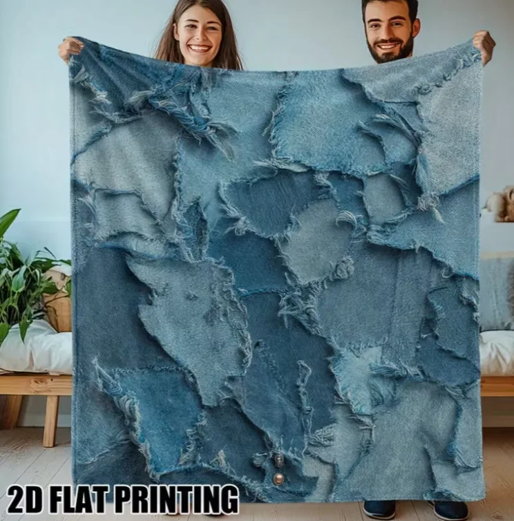 2D Flat Broken Denim Splicing Flannel Blanket Cozy Digital Print, All-Season Lightweight Throw for Sofa Bed Travel, and Camping