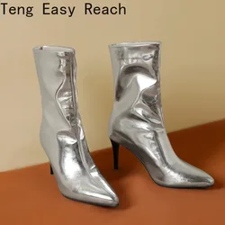 2025 Fashion Gold Silver Women Ankle Boots Thin High Heel Short Boots Pointed Toe Slip on Autumn Winter Ladies Shoes Size 45
