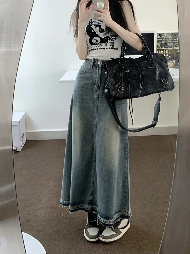 REDDACHiC Y2k Raw Edge Stitch Maxi Denim Skirt Plain Casual High Waist Long Jeans Skirt Korean Dongdaemun Retro Women Streetwear