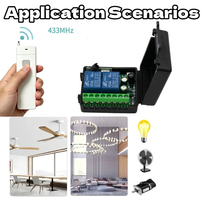 2-Channel 433MHz RF Wireless Remote Control Switch AC 110V 220V Relay Receiver Module Suitable Garage Door Transmitter