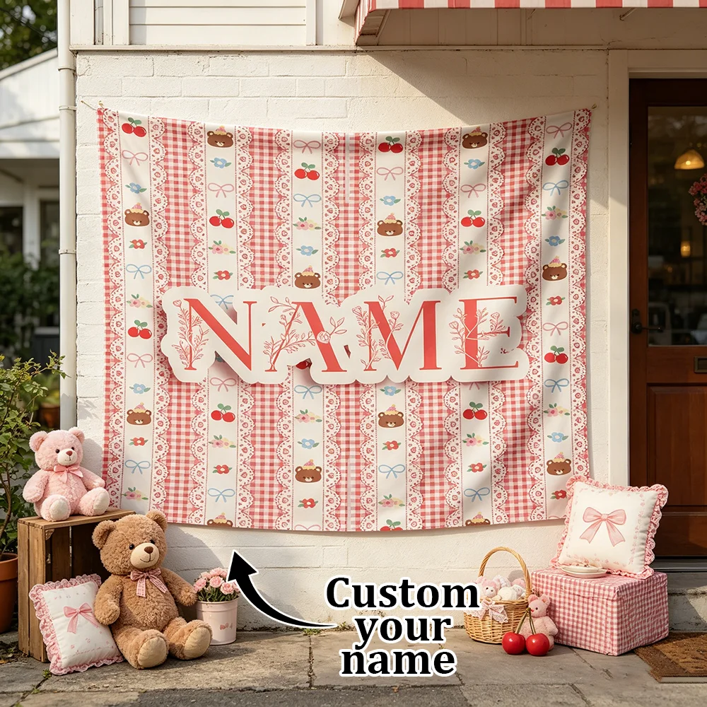 1PC Personalized Pink Gingham Cherry Bear Letter Name Tapestry Custom Cute Alphabet Wall Hanging Baby Girl Nursery Bedroom Decor