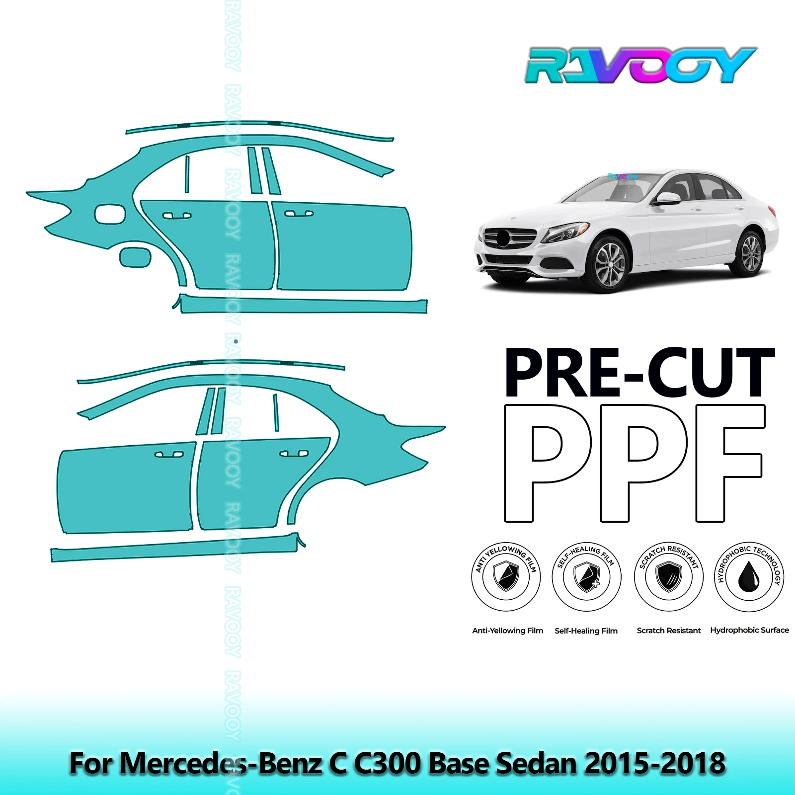 

For Mercedes-Benz C C300 Base Sedan 2015-2018 8.5mil Clear Matte Pre-Cut PPF Door & A/B Pillar Kit TPU Paint Protection Film Set