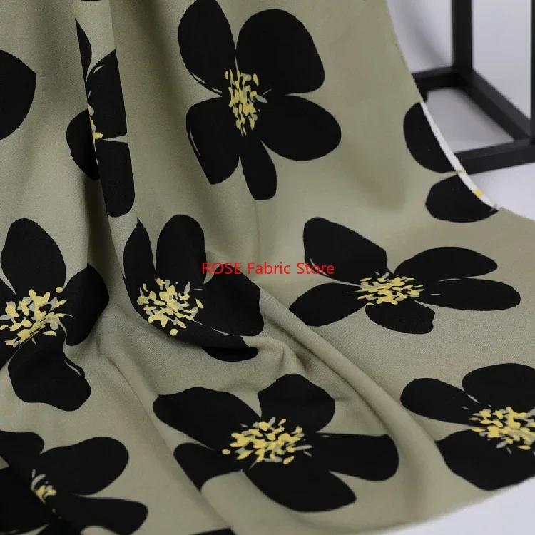 Green Big Flower Printed Chiffon Fabric For Dress Skirt Designer Fabric By The Meter