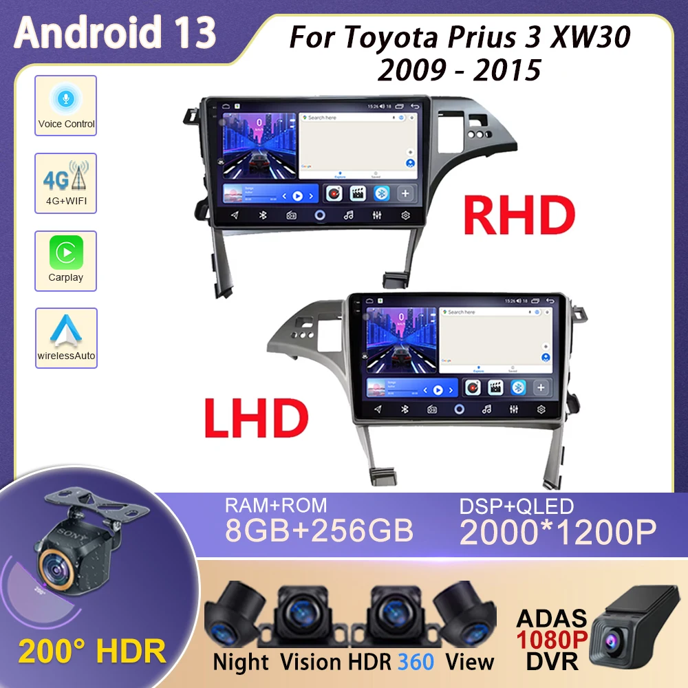 Z systemem Android dla Toyota Prius 3 XW30 2009 - 2015 Radio samochodowe multimedialny odtwarzacz wideo nawigacja GPS Carplay jednostka główna 5G