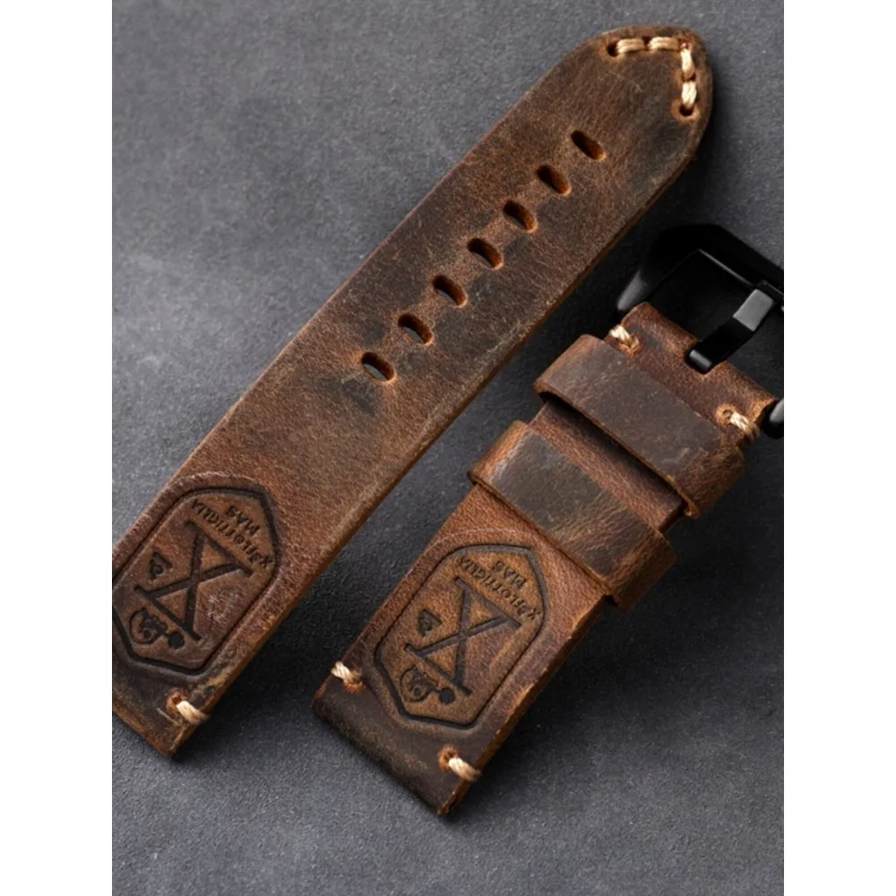 20mm 22mm 24mm Handmade Top Layer Cowhide Watch Band Thick Genuine Leather Strap Black Brown Vintage Men's Watch Bracelet