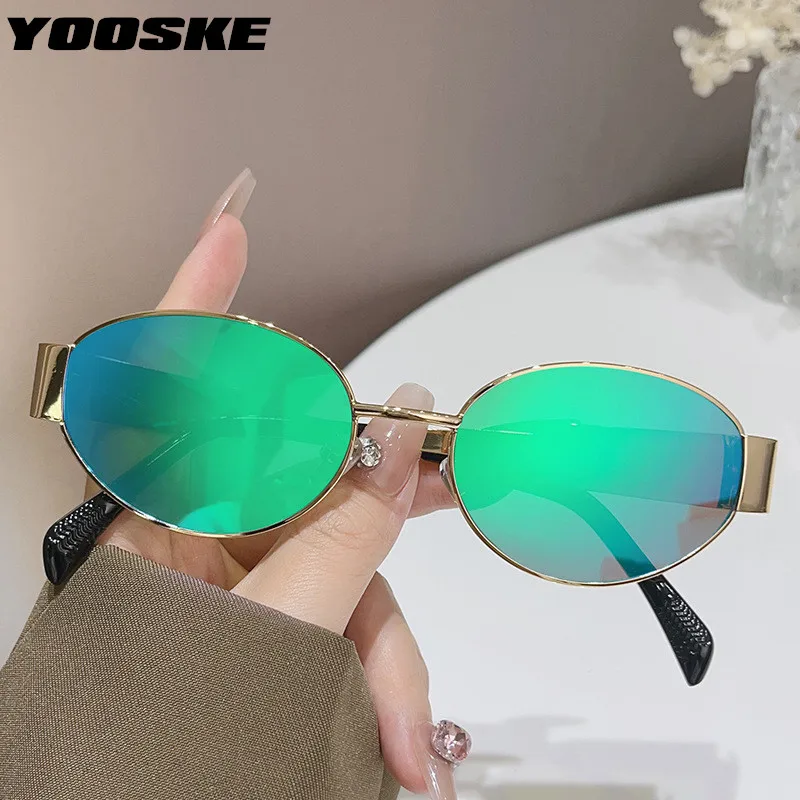 YOOSKE Retro Oval Sunglasses Men Personality Metal Sun Glasses for Women Fashion Gold Blue Driving Goggles Shades UV400 Mirror