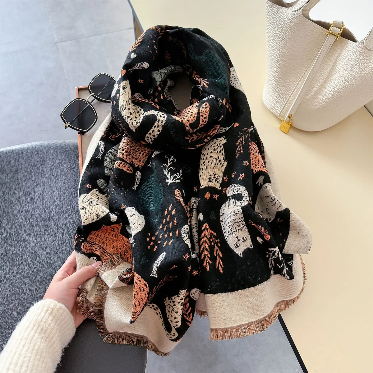 Double-Sided Cute Cat Designer Women's Winter Outdoor Cold-Proof Imitation Cashmere Print Warm Scarf Shawl Pashmina Stole