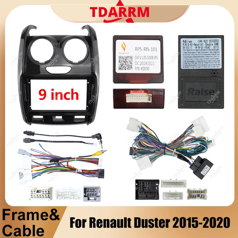 TDARRM For Renault Duster 2015-2020 9inch UV Black Car Radio Fascias Frame Stereo Panel Harness Wiring Power Cord Adapter Canbus