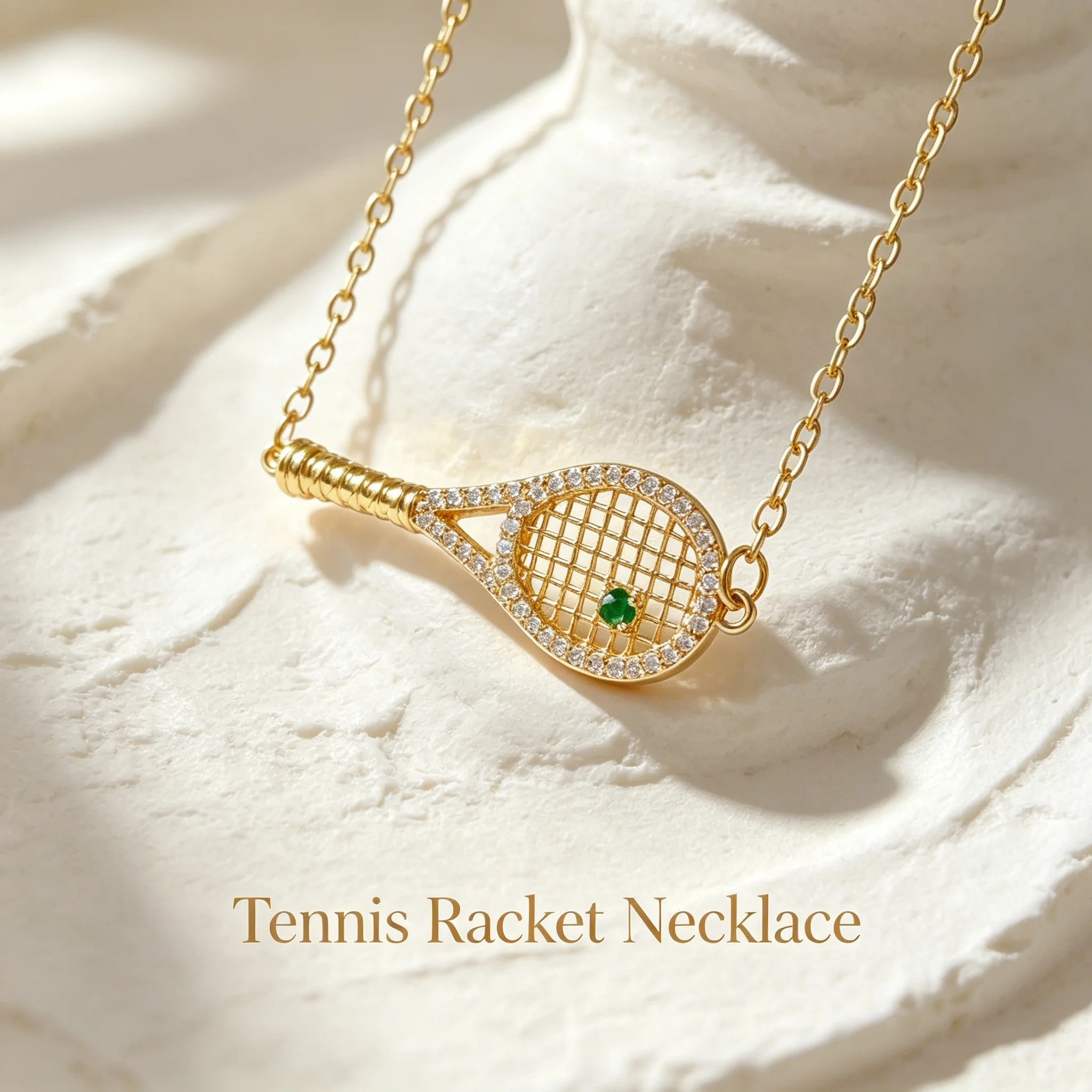 Tennis Racket Pendant Necklace, Green Polished Accent Elegant Sports Jewelry Gift for Women & Girls