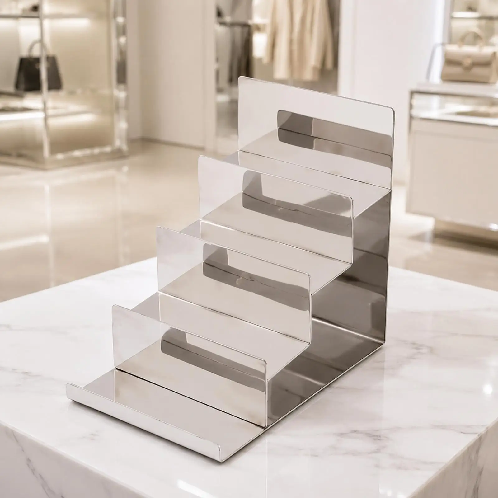 Stainless Steel Display Rack with Shelves No Assembly Required Wallet and Handbag Display Stand Multi-Layer Holder for