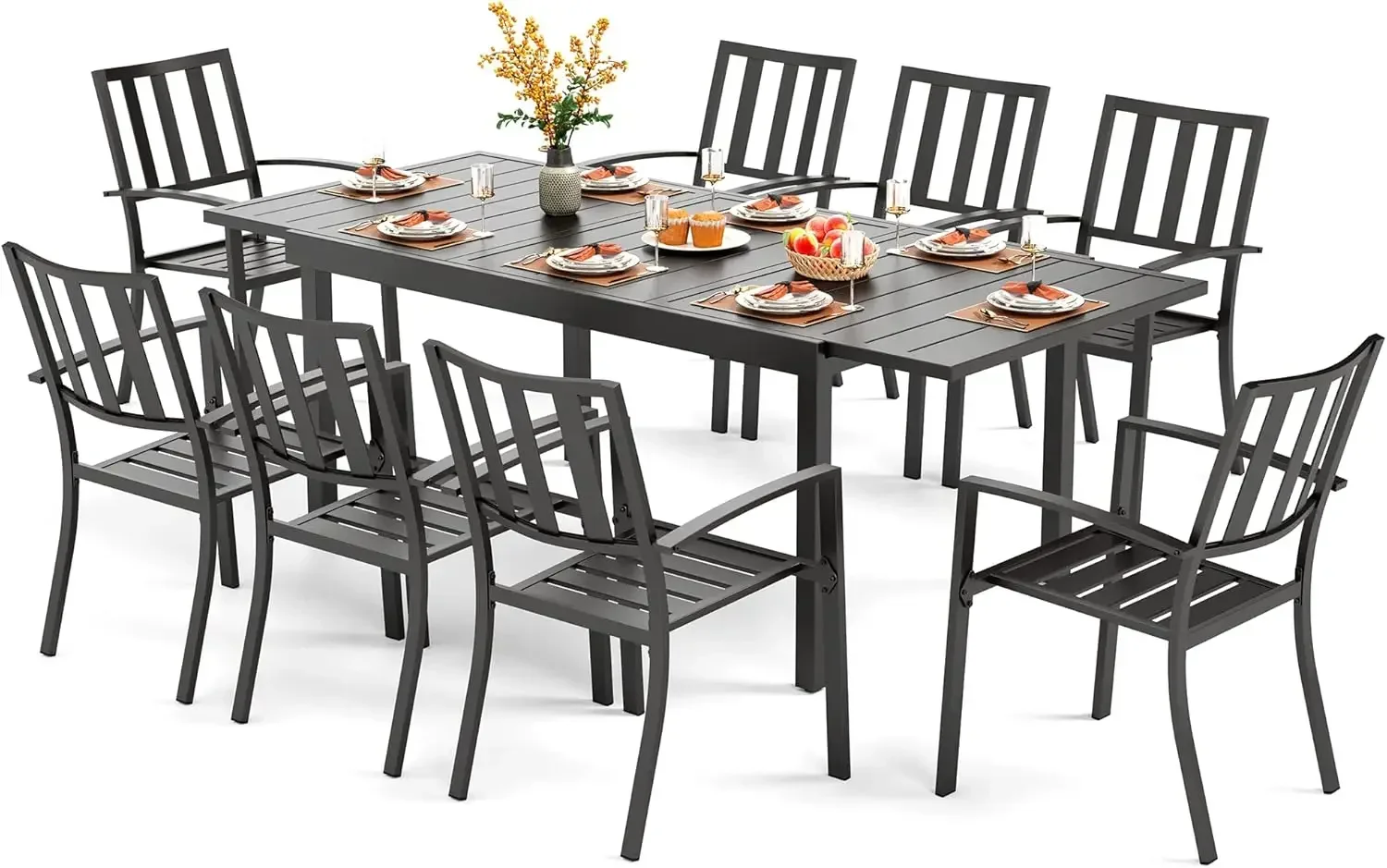 9 Piece Patio Dining Table Set, Expandable Rectangular Metal Dining Table & 8 Steel Chairs