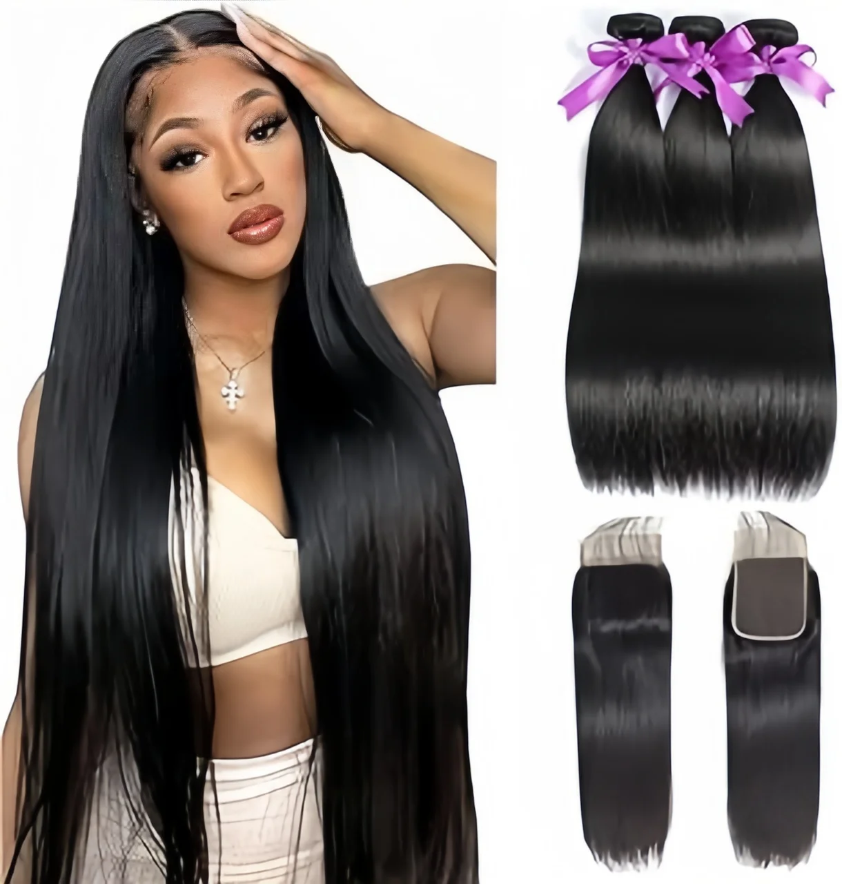 

Straight Human Hair Bundles with Closure 4x4 Raw Vietnamese Hair Extensions Weave 3 Bundles with Closure Natural Color For Women