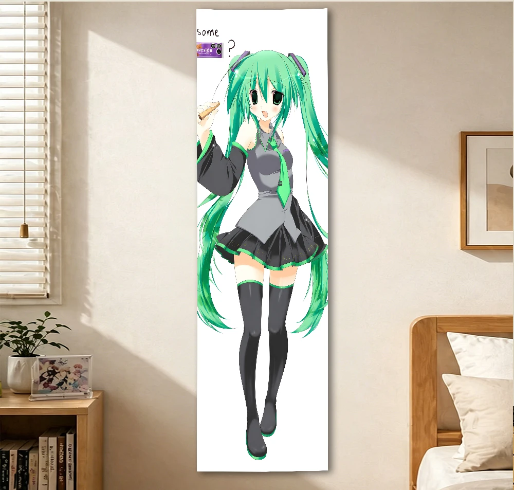 Hatsune Miku Vertical Tapestry, Long Strip Full‑Body Character Wall Hanging, White Background Anime Polyester Wall Cloth for Bed
