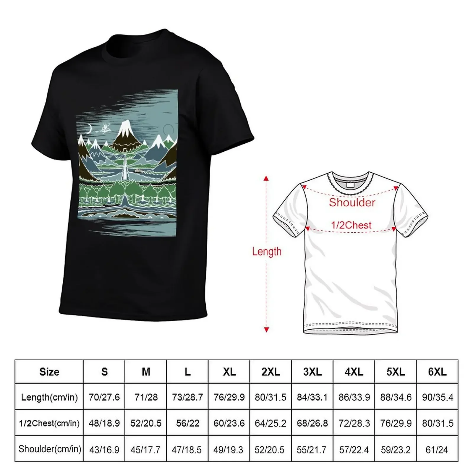 A Halflings journey on a mountain path through an elven wood in the style of J.R.R.Tolkien T-Shirt anime mens shirts graphic tee