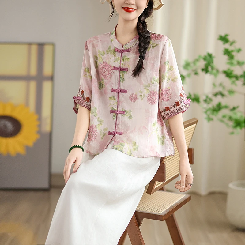 

Loose Women's Cotton Linen Shirt Summer New Style Lazy Style Large Size round Neck Button Print Blouse Breathable Comfortable