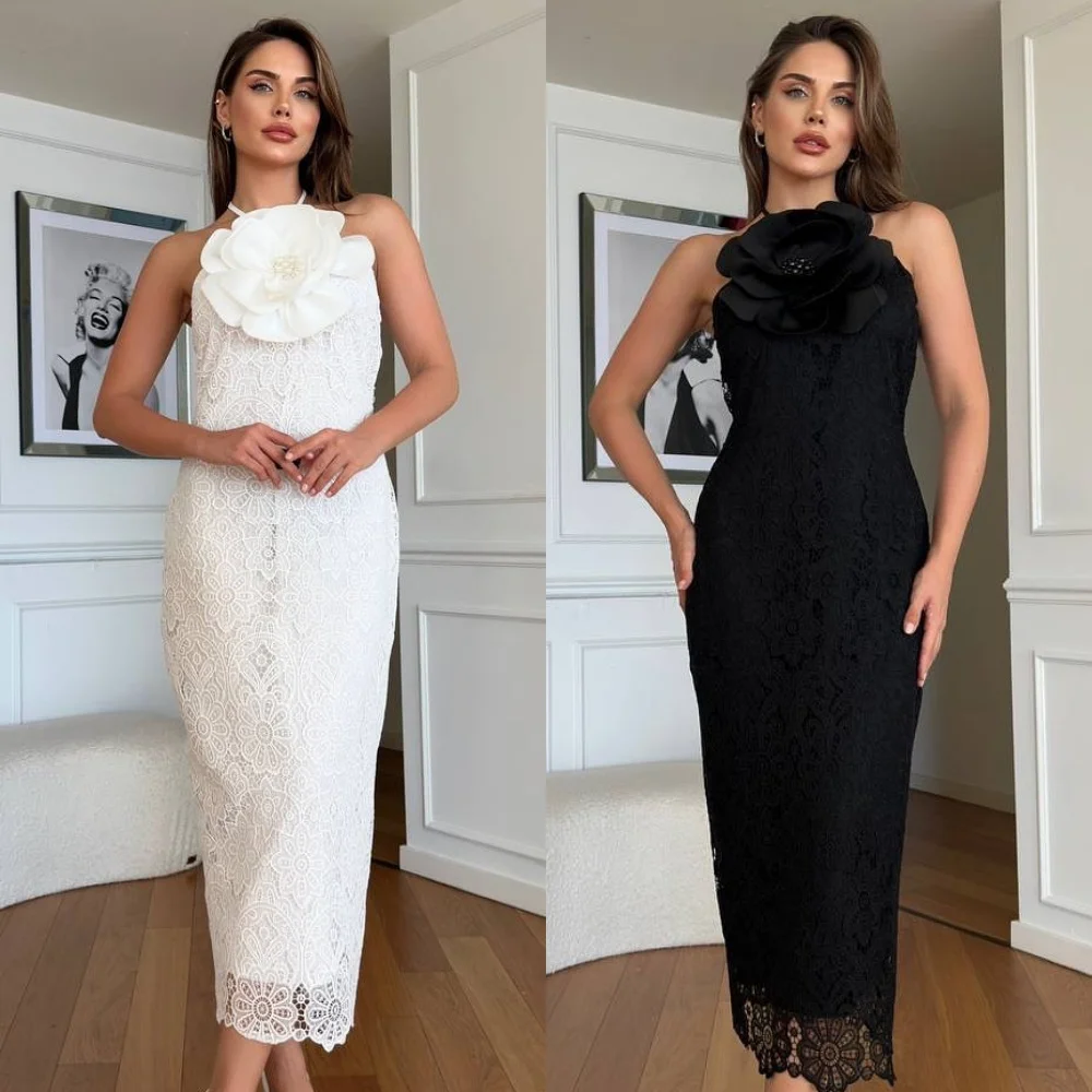 

Customized High Quality Fashion Lace Handmade Flower Beading Column Halter Ankle Length Dresses Bespoke Occasion Dresses Classic