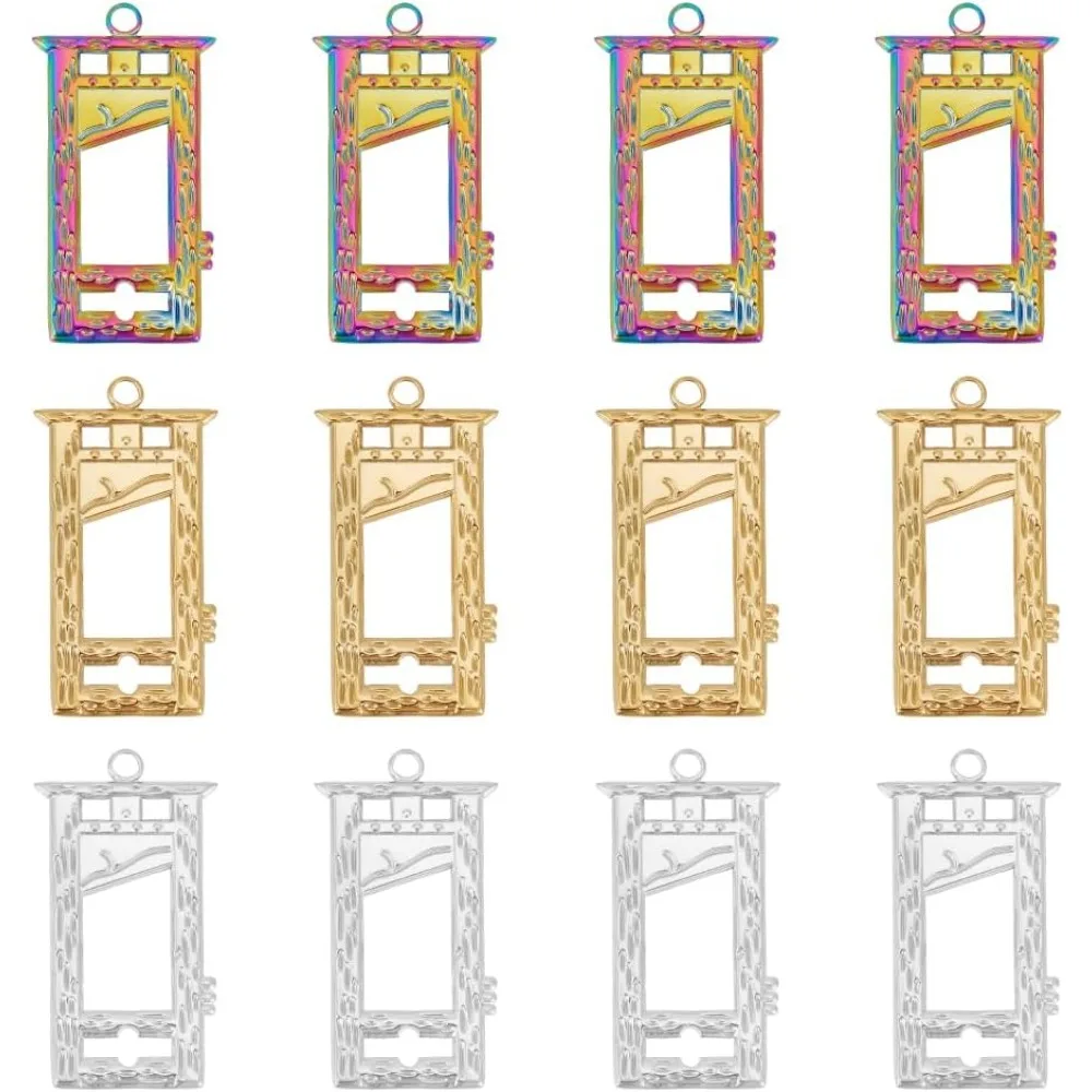 

12Pcs 3 Colors Ion Plating(IP) 304 Stainless Steel Pendants Metal Window Shaped Charm Rectangle Hollow Pendant 2.8mm Small Hole