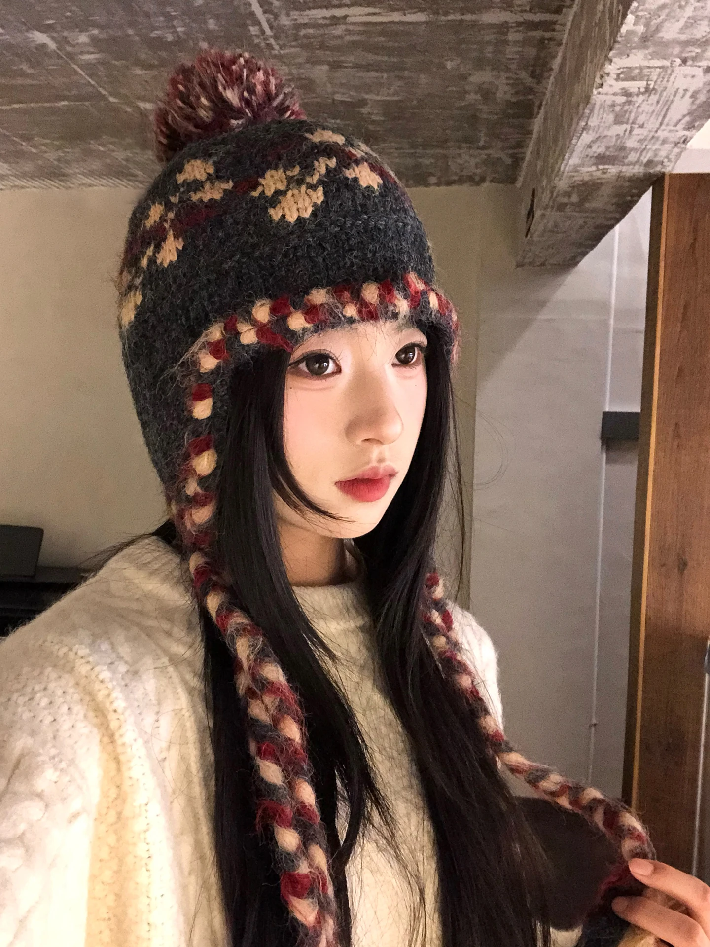 Retro Fair Isle Knitted Woolen Hat Women's Winter Warm Tassel Large Head Circumference Cold Proof Ear Protection Lei Feng Hat