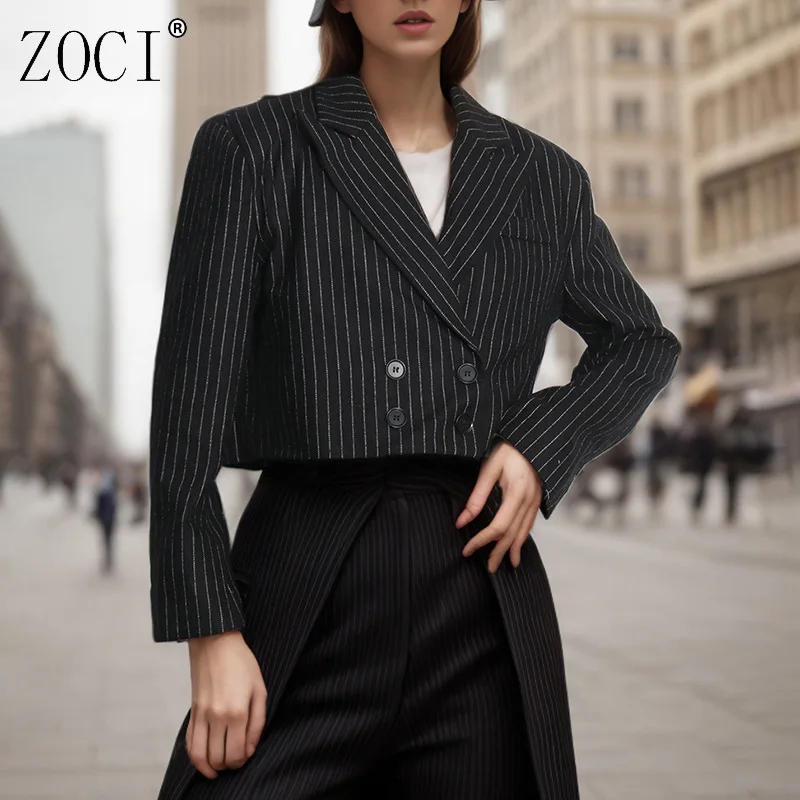 

ZOCI Women's Striped Printed Short Blazers Notched Collar Suit Jackets Female Office Lady Long Sleeve Coats 2025 Autumn New