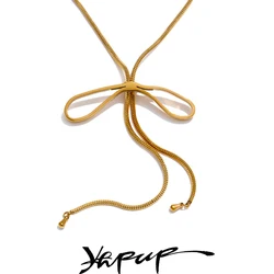 Yhpup 65cm Long Style Stainless Steel Bow Knot Movable Fashion Necklace 18K Gold Color Plated Sweater Chain Jewelry Accessories