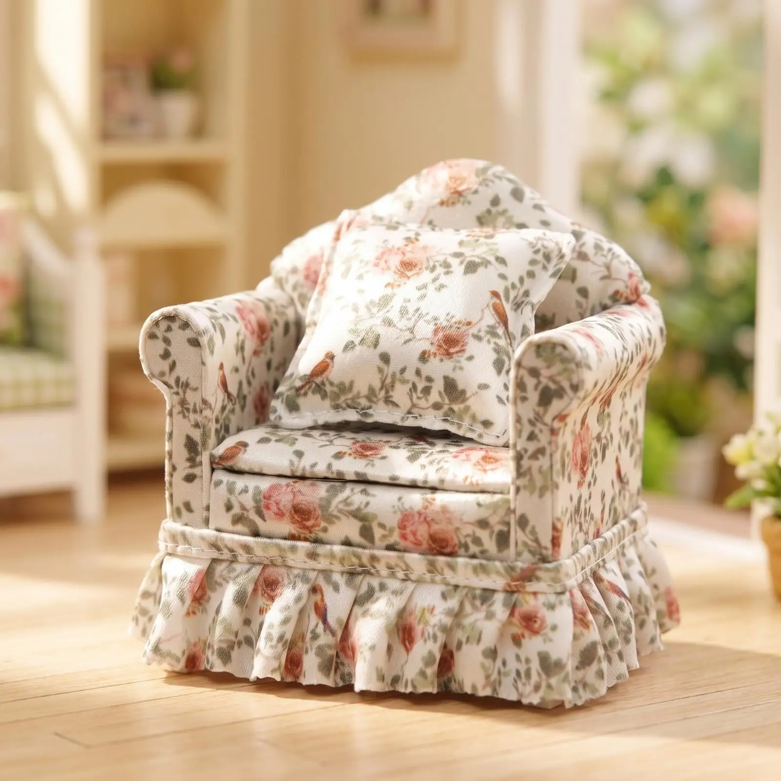 Vintage Style Miniature Dollhouse Sofa Padded Backrest with Skirted Base for 1 12 Scale Doll Furniture and Scene Photography