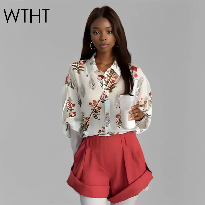 

WTHT 2025 Summer Fashion Suits Women Flower Print Lapel Long Sleeve Shirt High Waist Wrinkled Wide Leg Shorts Set Female 1LS2119