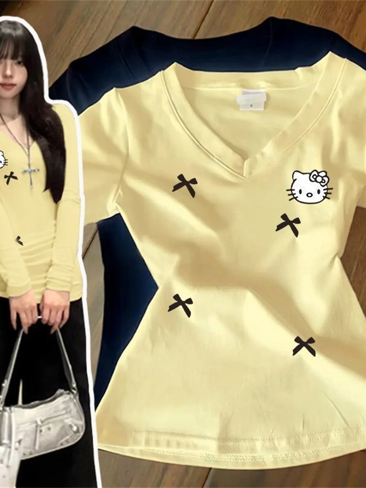 

Korean Sle Long Sve V-Ne T-irt Women's Chic Slim Fit Base irt Top Design Sensation Hot Girl Underwear Design