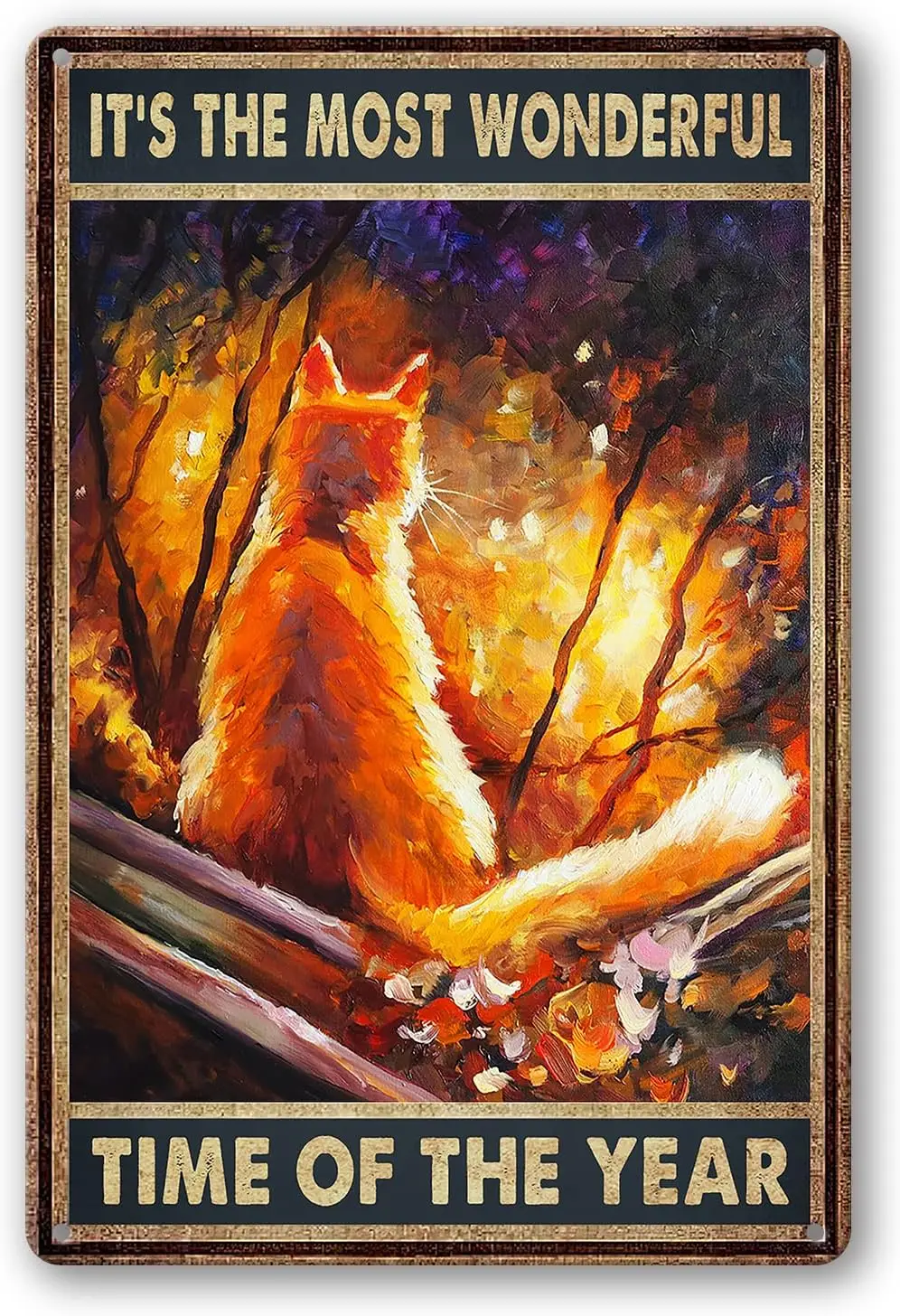 It‘s The Most Wonderful Time Of The Year Sign Metal Tin Signs, Vintage Orange Cat's Back In Tree Art Poster Plaque Home