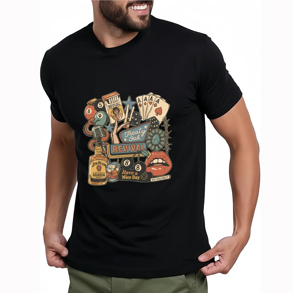 American Retro-Collage-Illustration, schwarzes T-Shirt, Country-Band, Whiskey, Poker, Retro-Design, Unisex, kurzärmelig KT10021