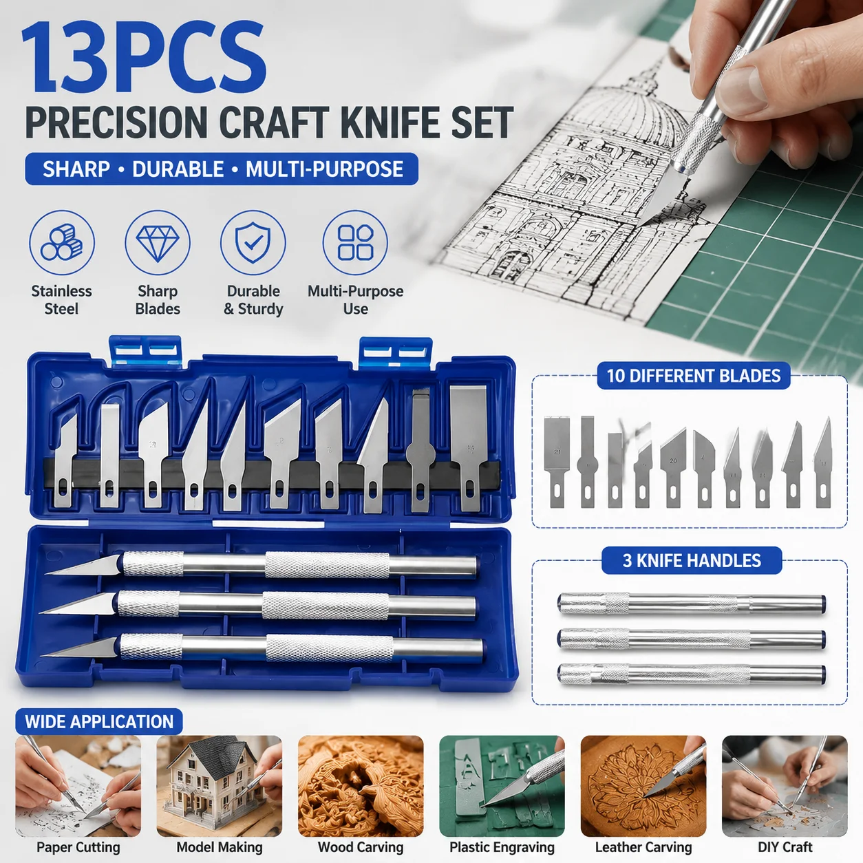 13pcs/set Metal Carving Knife Non-Slip Gadget Manual Combination Paper Cuttings Seal Cutting for Precision Repair Tool