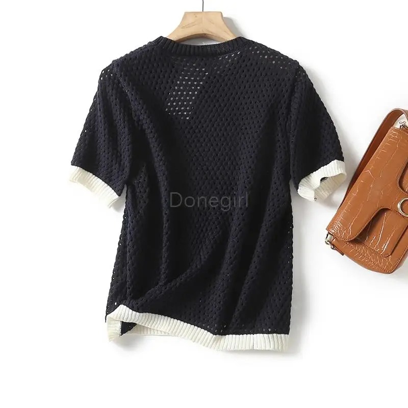 Donegirl 2023 New Spring Summer Women Solid Round Neck Hollow Knitted Sweater T-shirt Color Clash Simple Casual Tops Female Chic