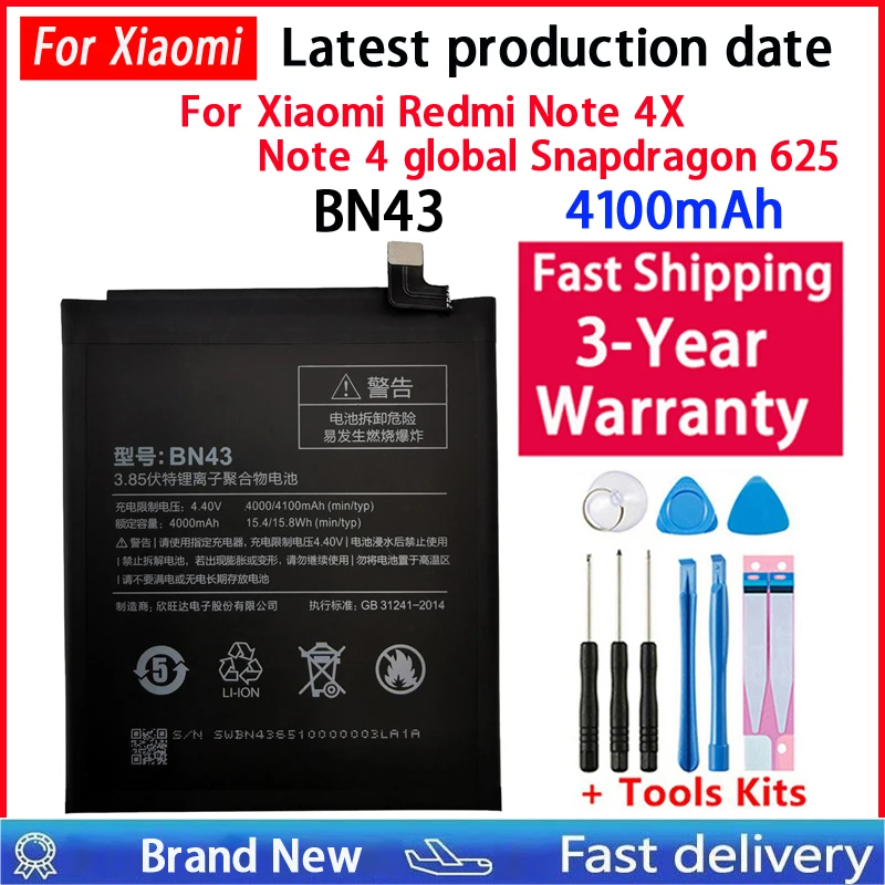 High Quality Real 4100mAh BN43 Battery For Xiaomi Redmi Note 4X Note 4 global Snapdragon 625 Phone Batteries +Tools