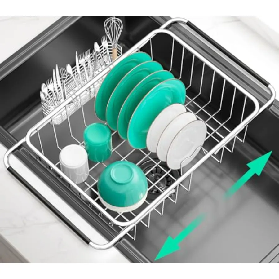 

Large Sink Dish Drying Rack, Expandable 304 Stainless Steel Metal Dish Drainer Rack Organizer Shelves with Stainless Steel Utens