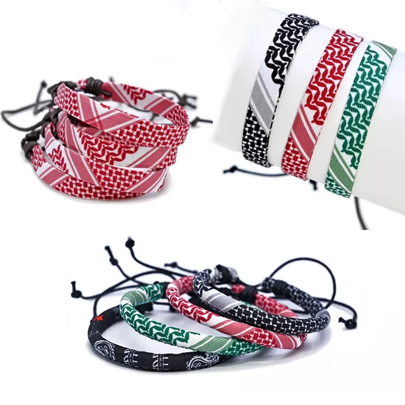 Pulseras con patrones Kufiya de tejido multicolor, brazalete tradicional, patrones de bufanda Keffiyeh, cuerda de mano árabe, regalo de joyería