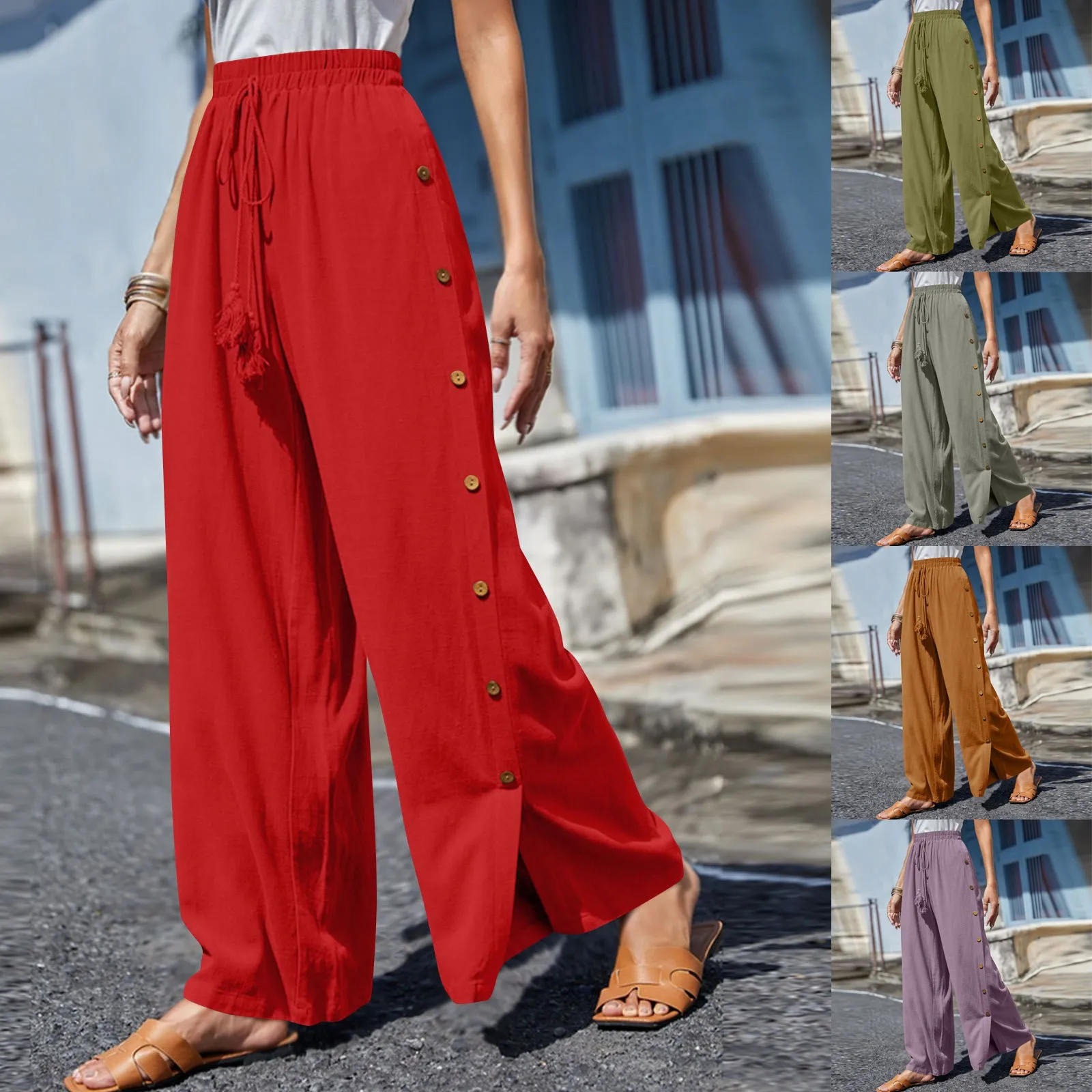 Calça de perna larga feminina, calça de lazer, monocromática, elástico na cintura, com renda, solta, casual, primavera, verão