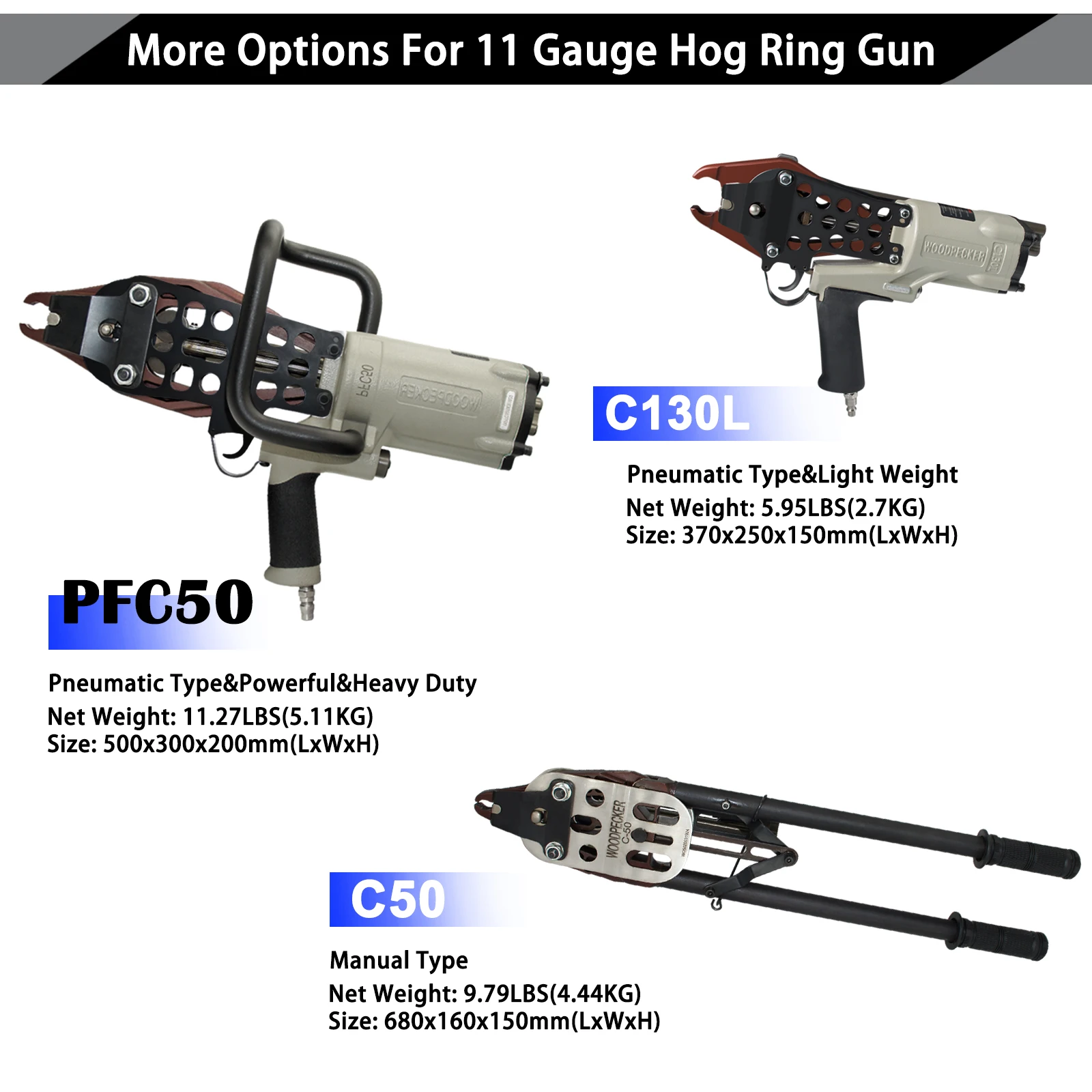 WOODPECKER PFC50 11 Gauge Heavy Duty C-Ring Air Gun Pneumatic Stapler for Wire Cages Car Seats Spring Mattresses