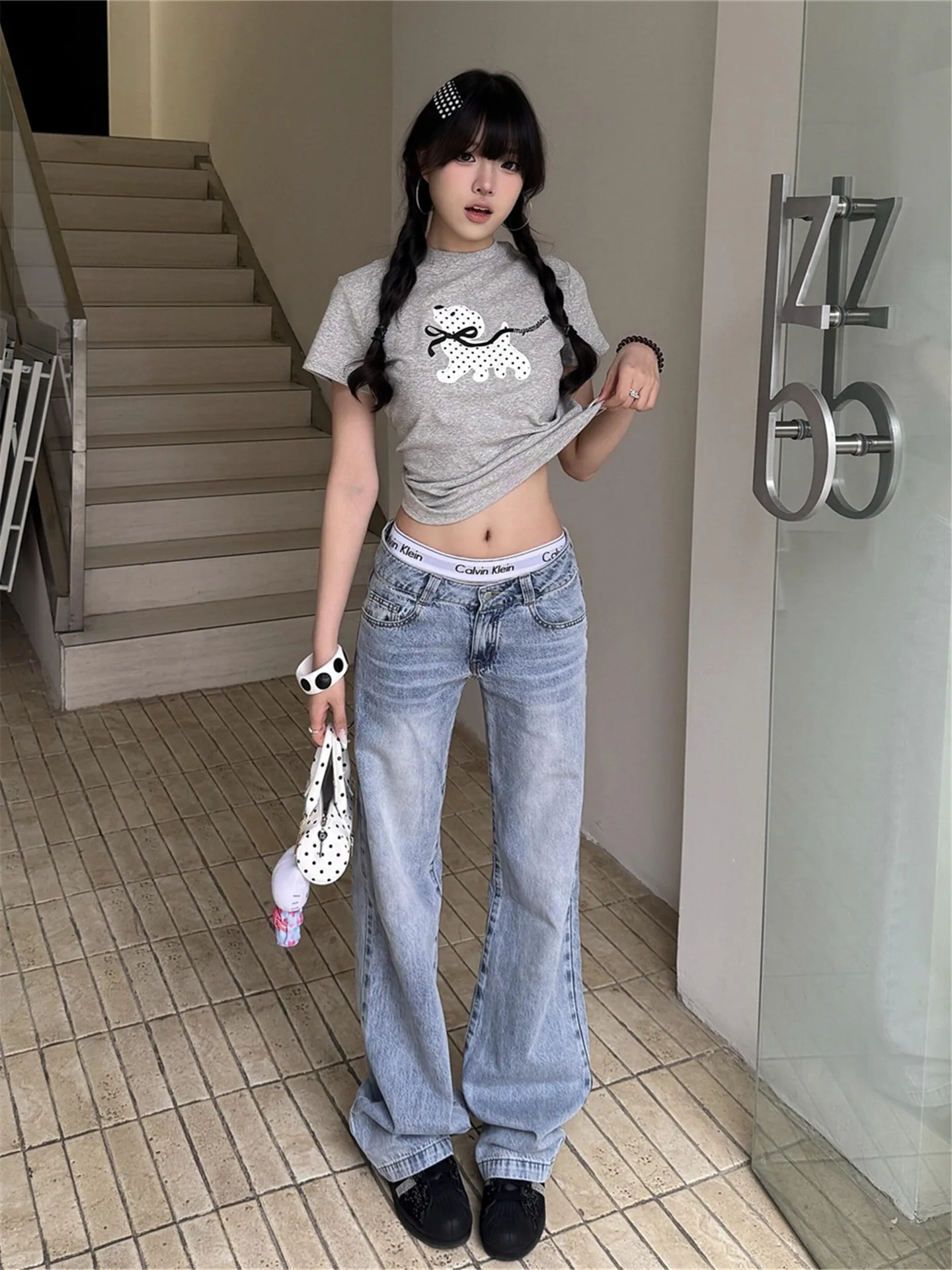 

Slim Fit High Waist Straight Leg Jeans Women's Spring Summer Low Waist Wide Leg Floor Length Blue Denim Casual Cotton Pants