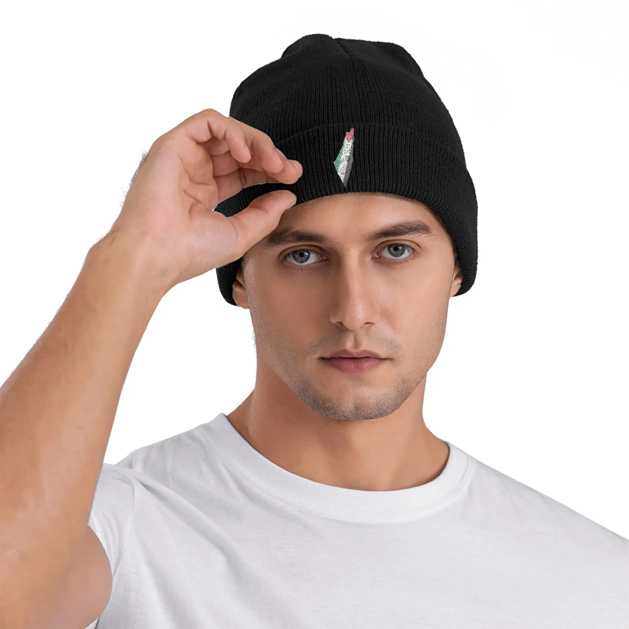 Palestine Arabic Calligraphy Art Drawing Bonnet Hats Palestinian Flag Beanie Hats Autumn Knitting Hat Female Male Head Wrap Cap view 2