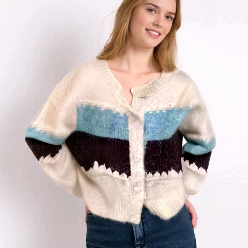 

Новый кардиган, повседневный свободный корейский свитер, женская короткая куртка с круглым вырезом, осенняя новая вязаная верхняя одежда в полоску в стиле ретро, пальто, одежда