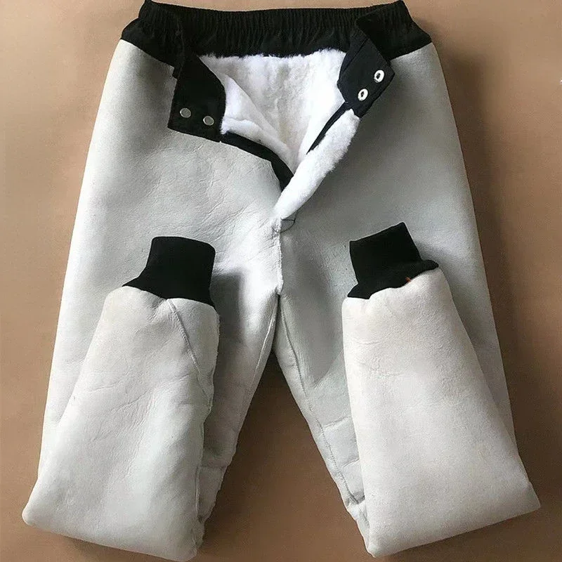 

Whole Genuine Sheepskin Warm High Waist Leather Pants Men Women Pure Wool Cotton Trousers Fur Underwear Pant New Winter Clothing
