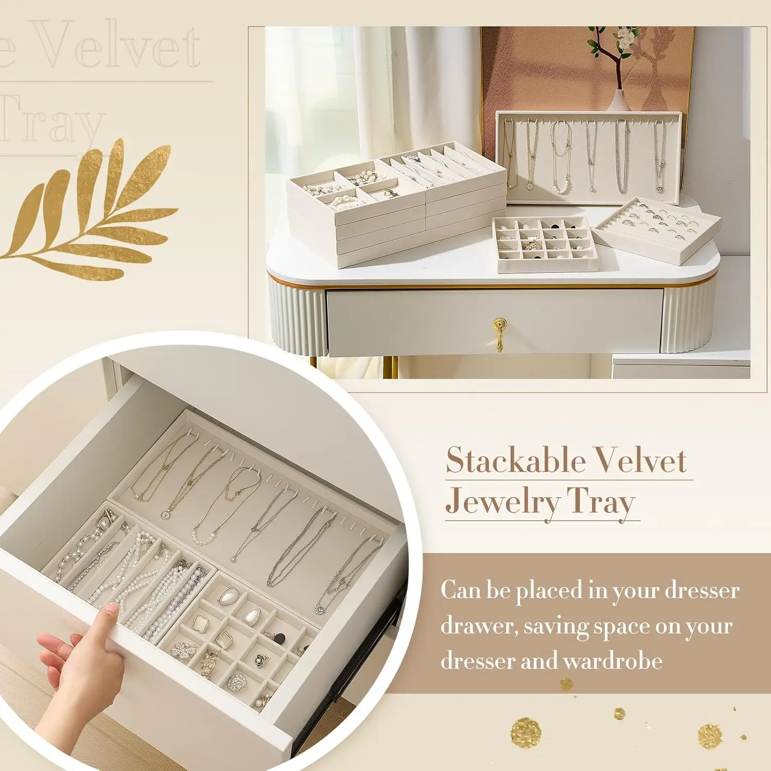 10-Piece Stackable Jewelry Organizer Trays, 14' Velvet Drawer Insert with Removable Divider for Necklaces, Earrings, Rings, Watc