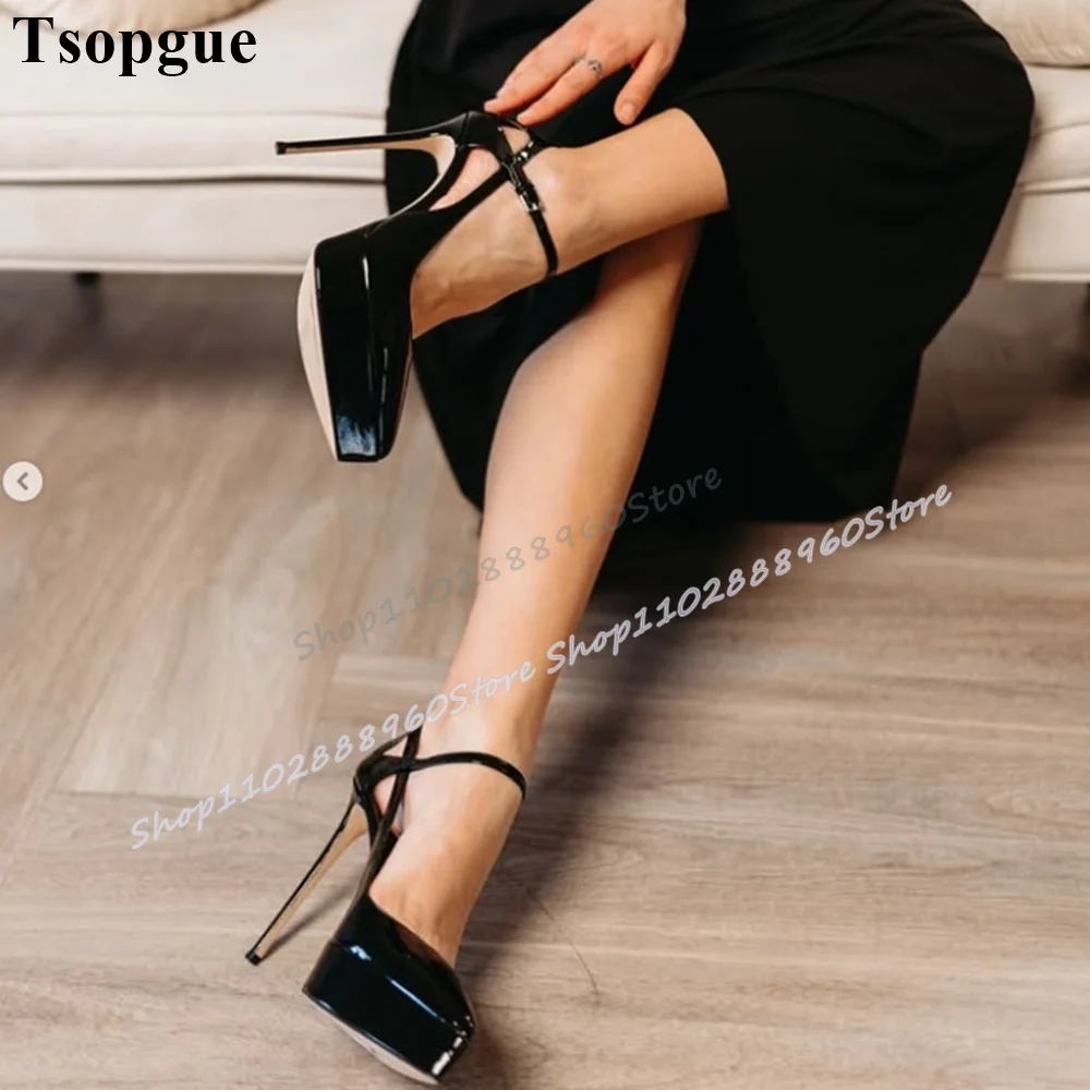 

Black Platform Glossy Leather Pointy Sandals Stilettos High Heel Women Shoes Ankle Buckle Strap Pointed Toe Sexy Women Sandals