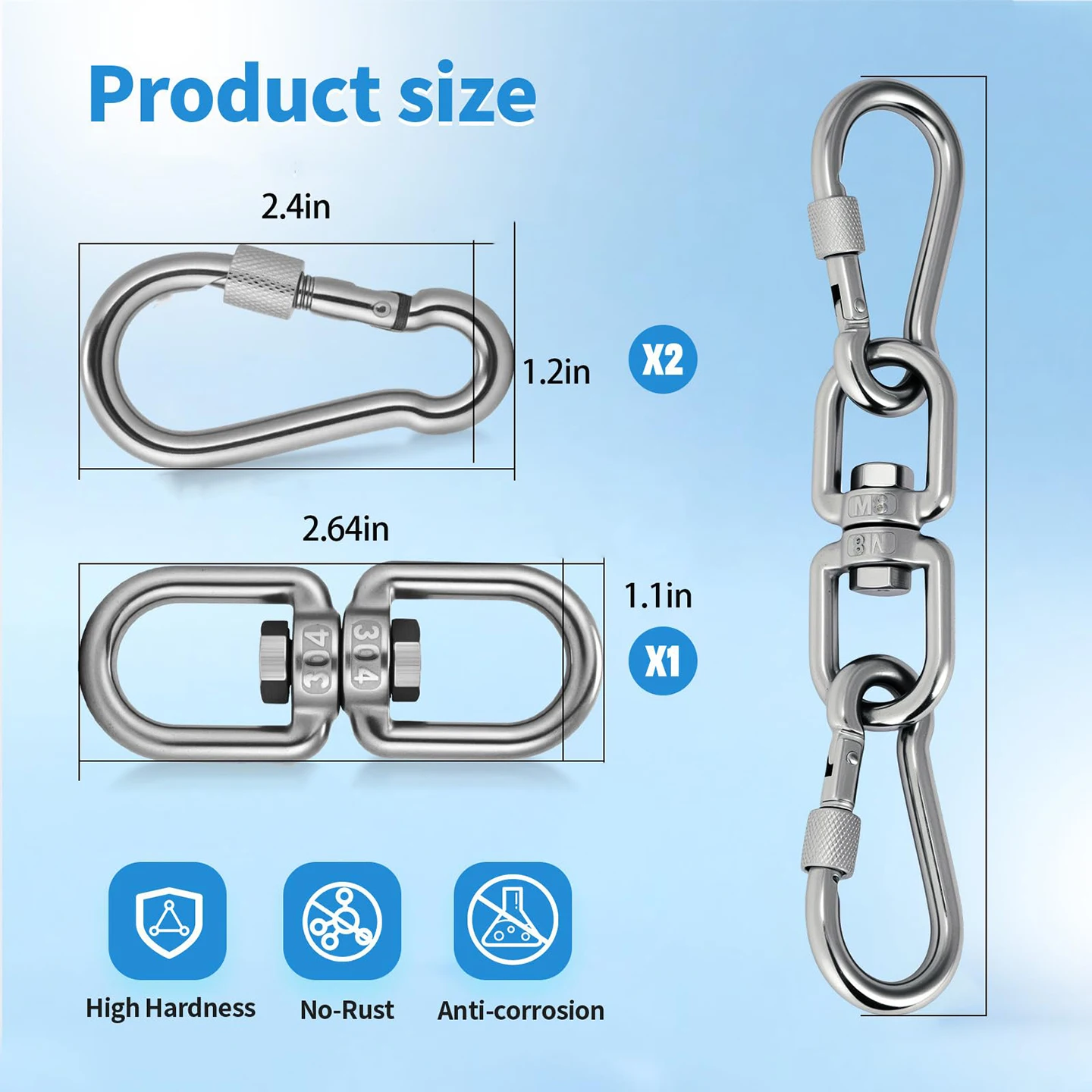 M6 304 Stainless Steel 8-Shaped Rotating Ring Chain Buckle with M6 Stainless Steel Spring Hook for Hanging Chairs/Hammocks