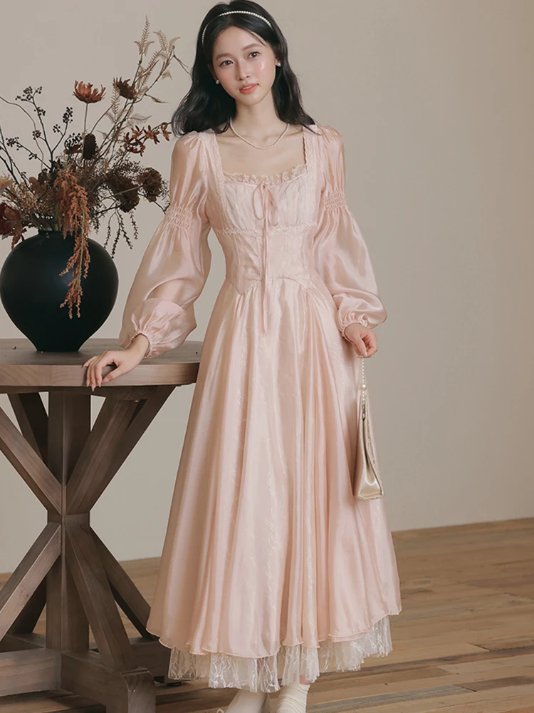 Outono inverno rosa malha chique renda gola quadrada maxi vestido feminino elegante casual casa vestido 2025 moda coreana bodycon vestidos