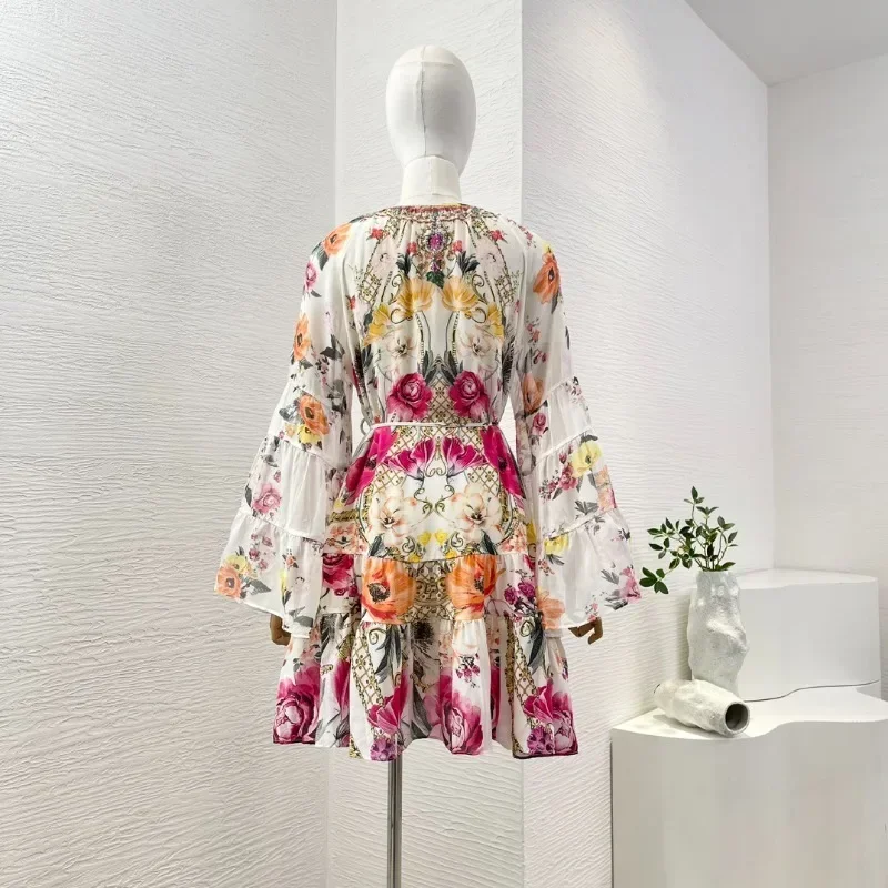 Women's White Rose Flowers Print Long Sleeve Lady Diamonds Pressed Deep V Neck Mini Dress for 2024 New Arrivals